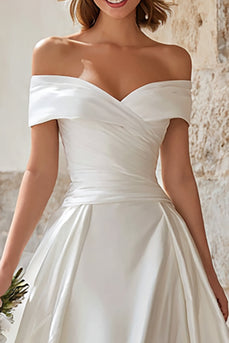 Elfenbein Schulterfreie Satin A-Linie Kurze Schleppe Braut Kleid
