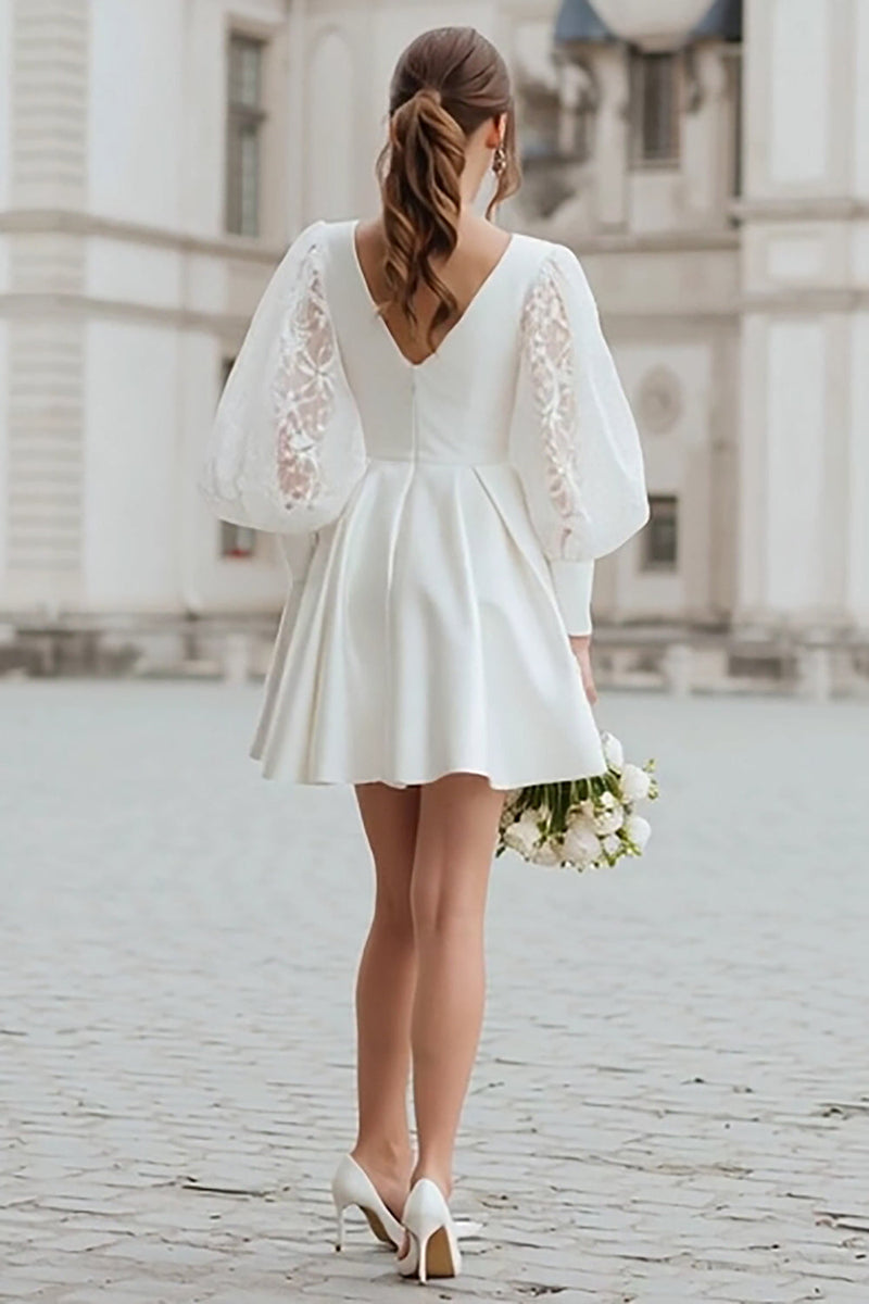 Laden Sie das Bild in den Galerie-Viewer, Elfenbein V-Ausschnitt Satin A-Linie Kurzes Brautkleid mit Spitze