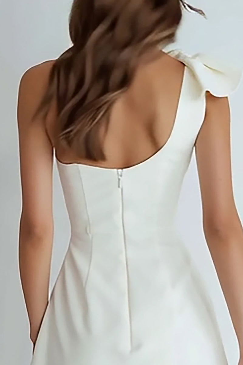 Laden Sie das Bild in den Galerie-Viewer, Elfenbein Satin Ein Schulter Kurz A Linie Verlobung Kleid
