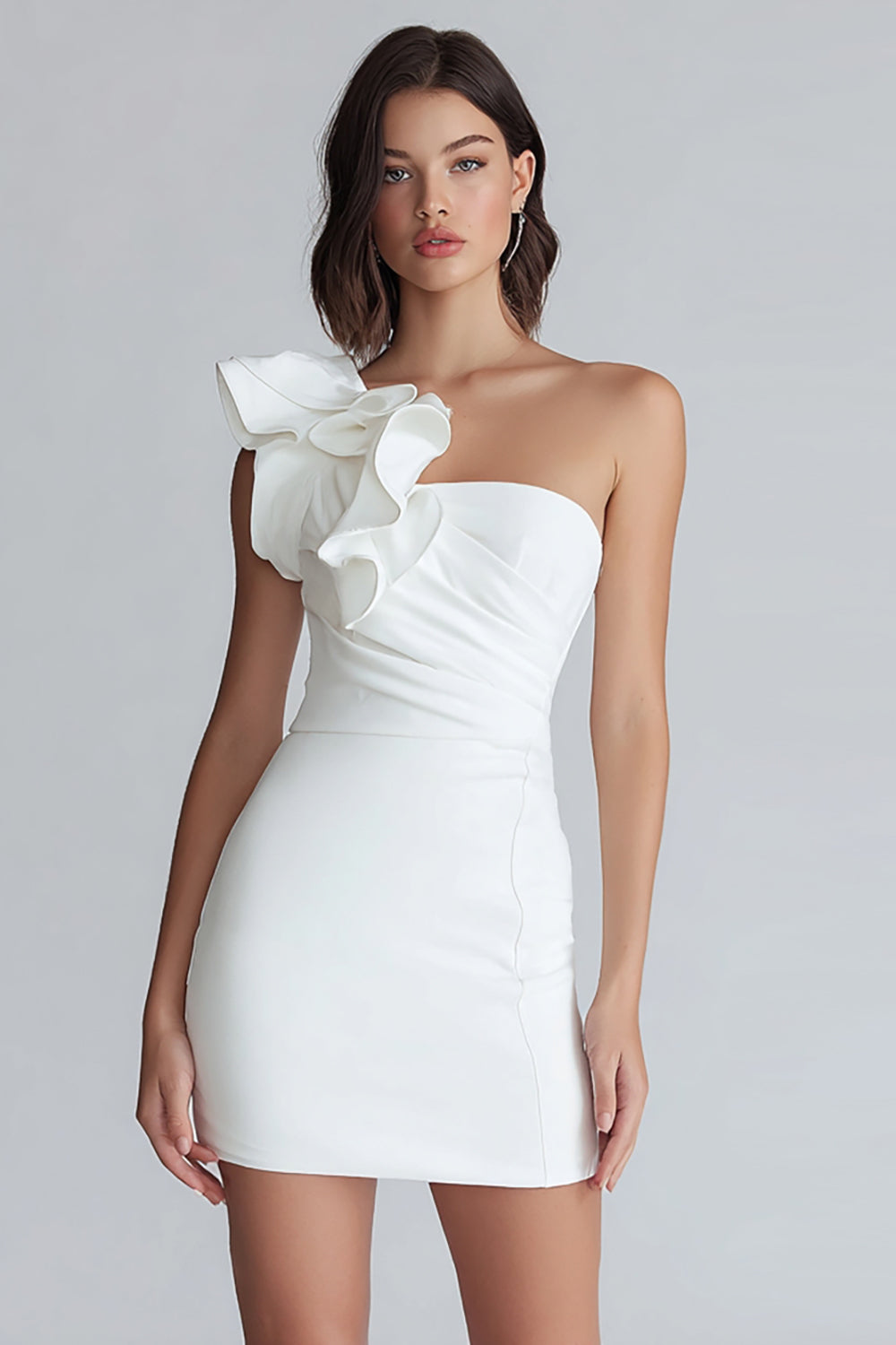 Elfenbein Ein Schulter Satin Kurz Eng Verlobung Kleid