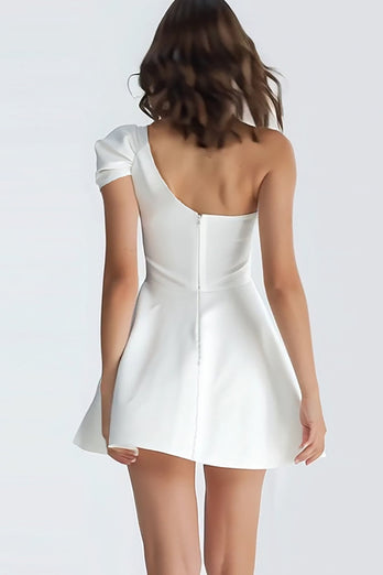 Einfach Elfenbein Satin Ein Schulter Kurz A Linie Verlobung Kleid