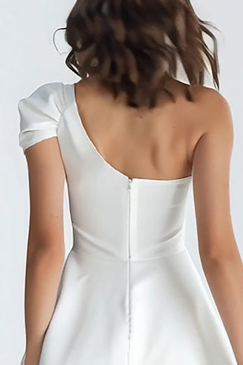 Einfach Elfenbein Satin Ein Schulter Kurz A Linie Verlobung Kleid