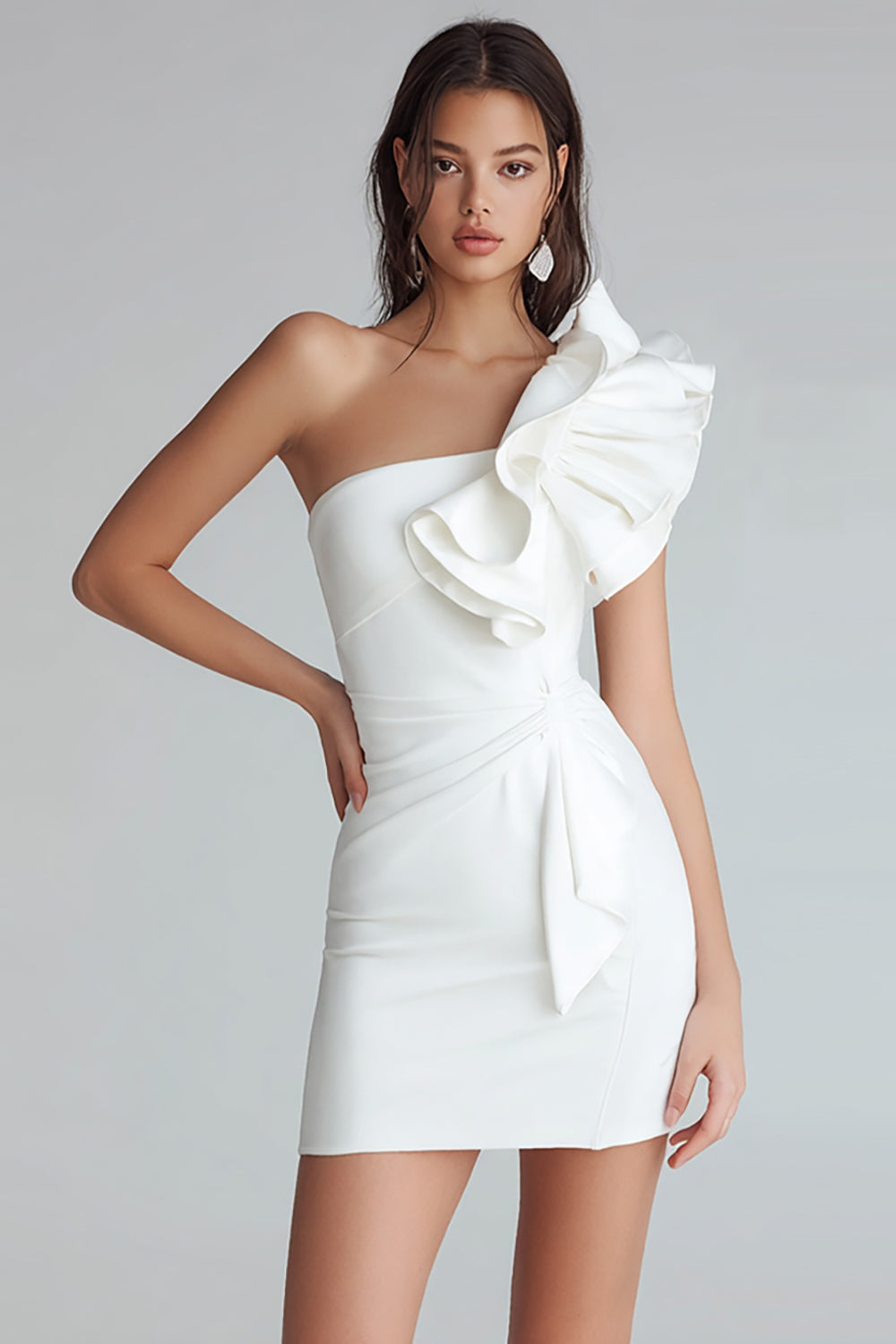Elfenbein Satin Ein Schulter Kurz Eng Verlobung Kleid mit Rüschen
