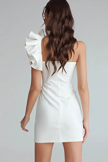 Elfenbein Satin Ein Schulter Kurz Eng Verlobung Kleid mit Rüschen