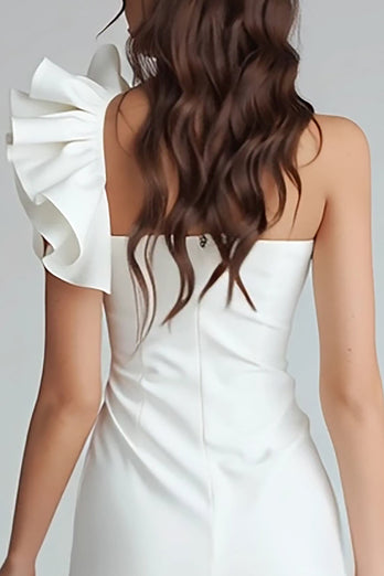 Elfenbein Satin Ein Schulter Kurz Eng Verlobung Kleid mit Rüschen