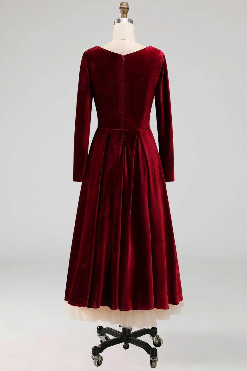 Laden Sie das Bild in den Galerie-Viewer, Cabernet Samt A-Linien Herzausschnitt Langes Festliches Kleid mit Ärmeln