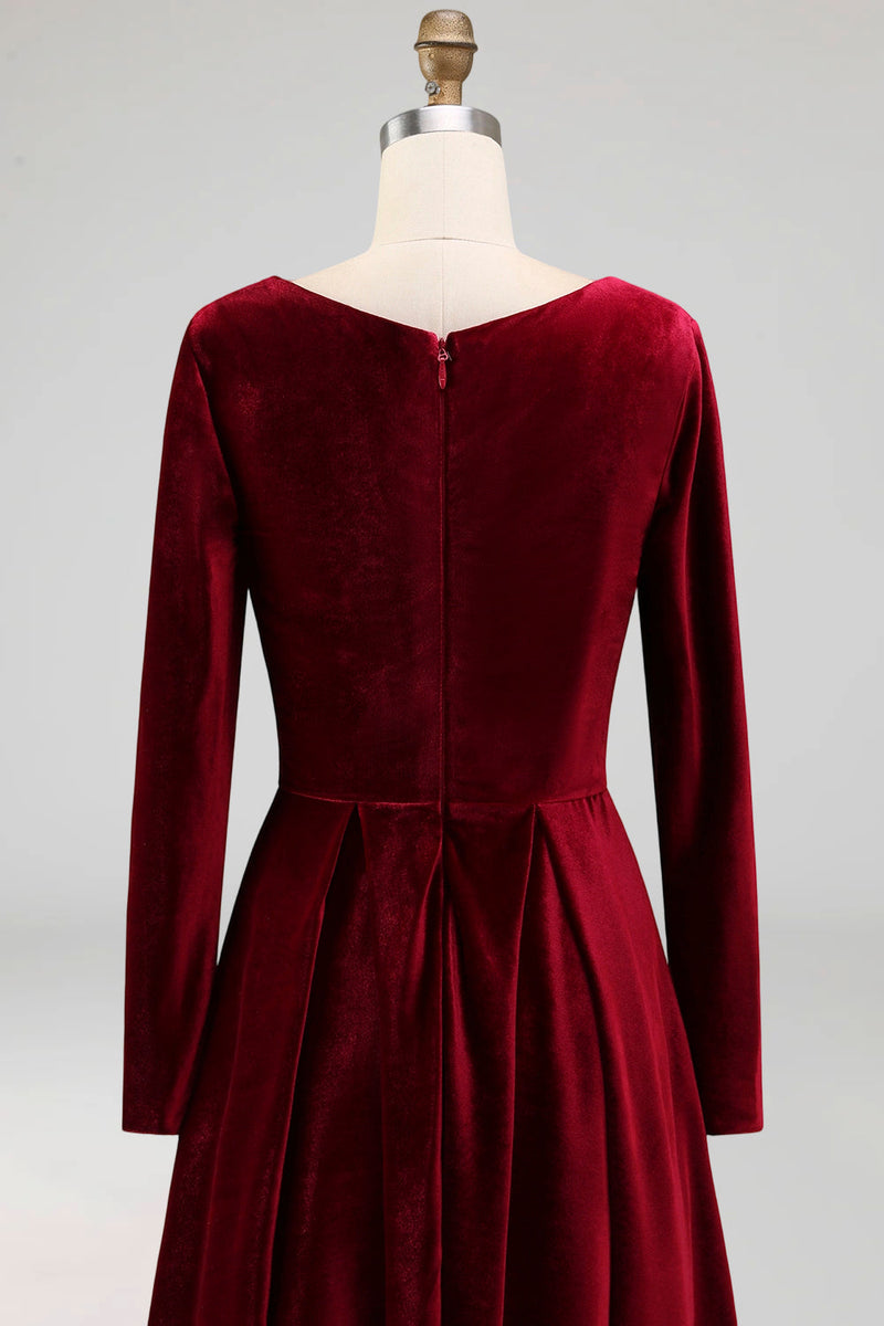 Laden Sie das Bild in den Galerie-Viewer, Cabernet Samt A-Linien Herzausschnitt Langes Festliches Kleid mit Ärmeln
