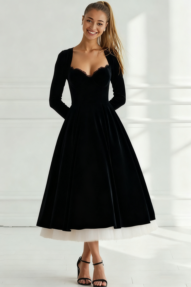 Laden Sie das Bild in den Galerie-Viewer, Cabernet Samt A-Linien Herzausschnitt Langes Festliches Kleid mit Ärmeln