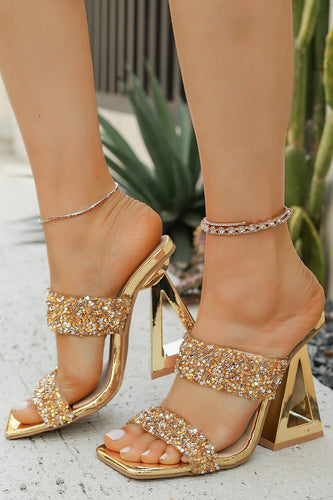Glitter Goldene Doppelriemen Sandalen mit Blockabsatz