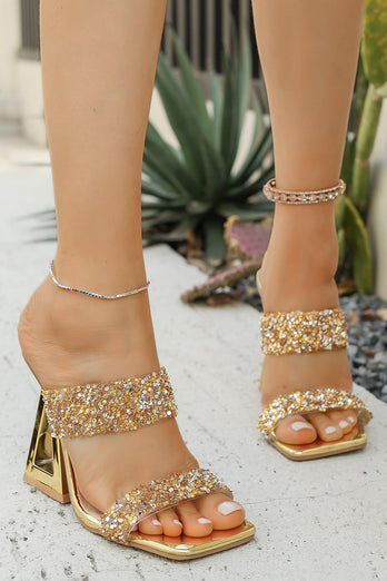 Glitter Goldene Doppelriemen Sandalen mit Blockabsatz