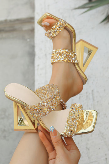 Glitter Goldene Doppelriemen Sandalen mit Blockabsatz