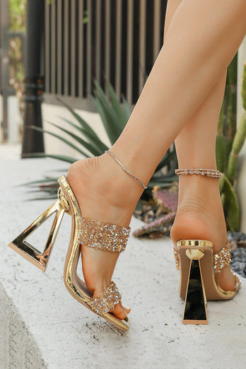 Glitter Goldene Doppelriemen Sandalen mit Blockabsatz