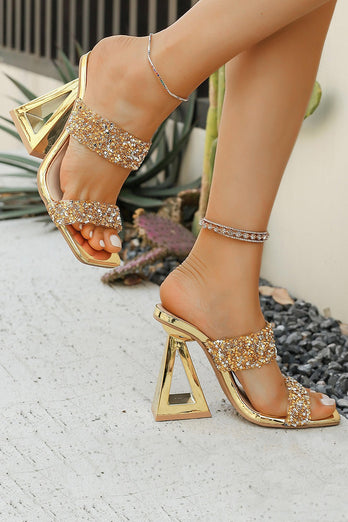 Glitter Goldene Doppelriemen Sandalen mit Blockabsatz