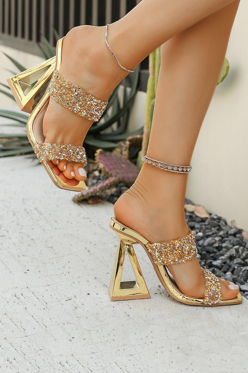 Laden Sie das Bild in den Galerie-Viewer, Glitter Goldene Doppelriemen Sandalen mit Blockabsatz