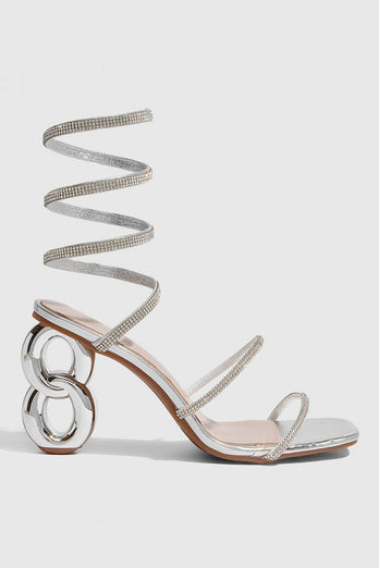 Glitter Silberne Offene Zehen Riemchen Gladiator Stiletto Sandalen