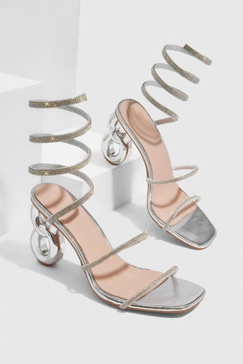 Glitter Silberne Offene Zehen Riemchen Gladiator Stiletto Sandalen