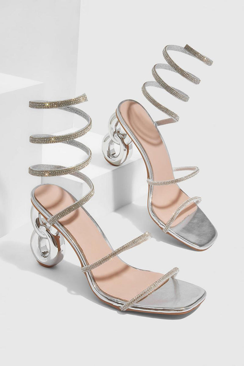 Laden Sie das Bild in den Galerie-Viewer, Glitter Silberne Offene Zehen Riemchen Gladiator Stiletto Sandalen