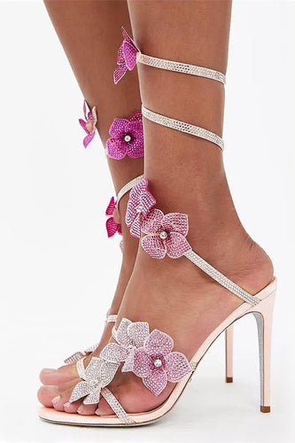 Glitter Rosa Perlen Blumen Wickelriemen Gladiator Sandalen mit Absatz