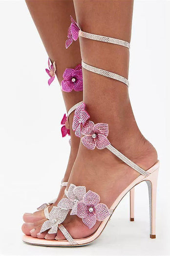 Glitter Rosa Perlen Blumen Wickelriemen Gladiator Sandalen mit Absatz
