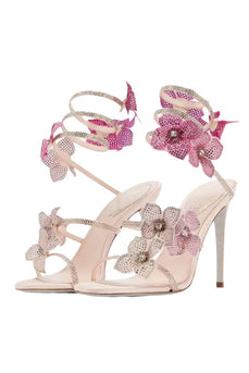 Glitter Rosa Perlen Blumen Wickelriemen Gladiator Sandalen mit Absatz