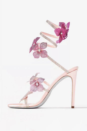 Glitter Rosa Perlen Blumen Wickelriemen Gladiator Sandalen mit Absatz