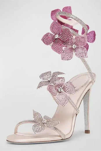 Glitter Rosa Perlen Blumen Wickelriemen Gladiator Sandalen mit Absatz