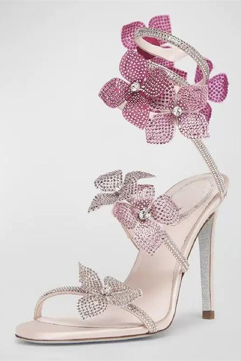 Laden Sie das Bild in den Galerie-Viewer, Glitter Rosa Perlen Blumen Wickelriemen Gladiator Sandalen mit Absatz