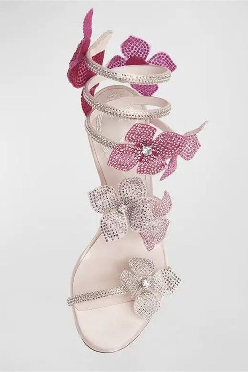 Laden Sie das Bild in den Galerie-Viewer, Glitter Rosa Perlen Blumen Wickelriemen Gladiator Sandalen mit Absatz