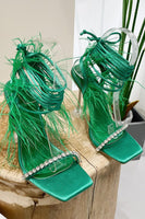 Laden Sie das Bild in den Galerie-Viewer, Fuchsia Riemchen Gladiator Stiletto Sandalen mit Feder