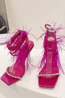 Laden Sie das Bild in den Galerie-Viewer, Fuchsia Riemchen Gladiator Stiletto Sandalen mit Feder