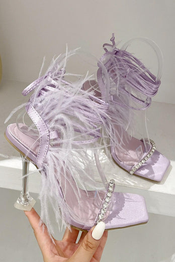 Fuchsia Riemchen Gladiator Stiletto Sandalen mit Feder