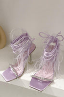 Laden Sie das Bild in den Galerie-Viewer, Fuchsia Riemchen Gladiator Stiletto Sandalen mit Feder