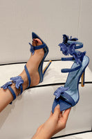 Laden Sie das Bild in den Galerie-Viewer, Blaue Wickelriemen Gladiator Stiletto Sandalen mit Schmetterling