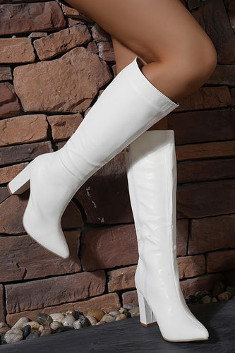 Weiße Kniehohe Go-Go Stiefel mit Spitzzehe und Blockabsatz