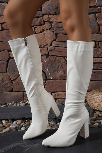 Weiße Kniehohe Go-Go Stiefel mit Spitzzehe und Blockabsatz