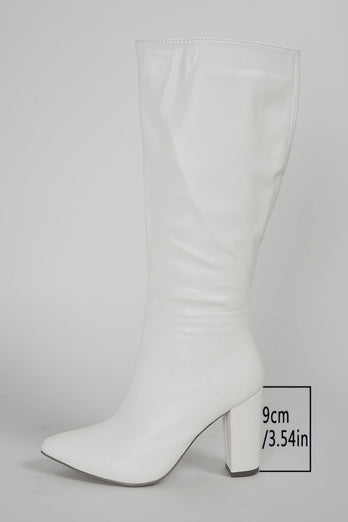 Weiße Kniehohe Go-Go Stiefel mit Spitzzehe und Blockabsatz