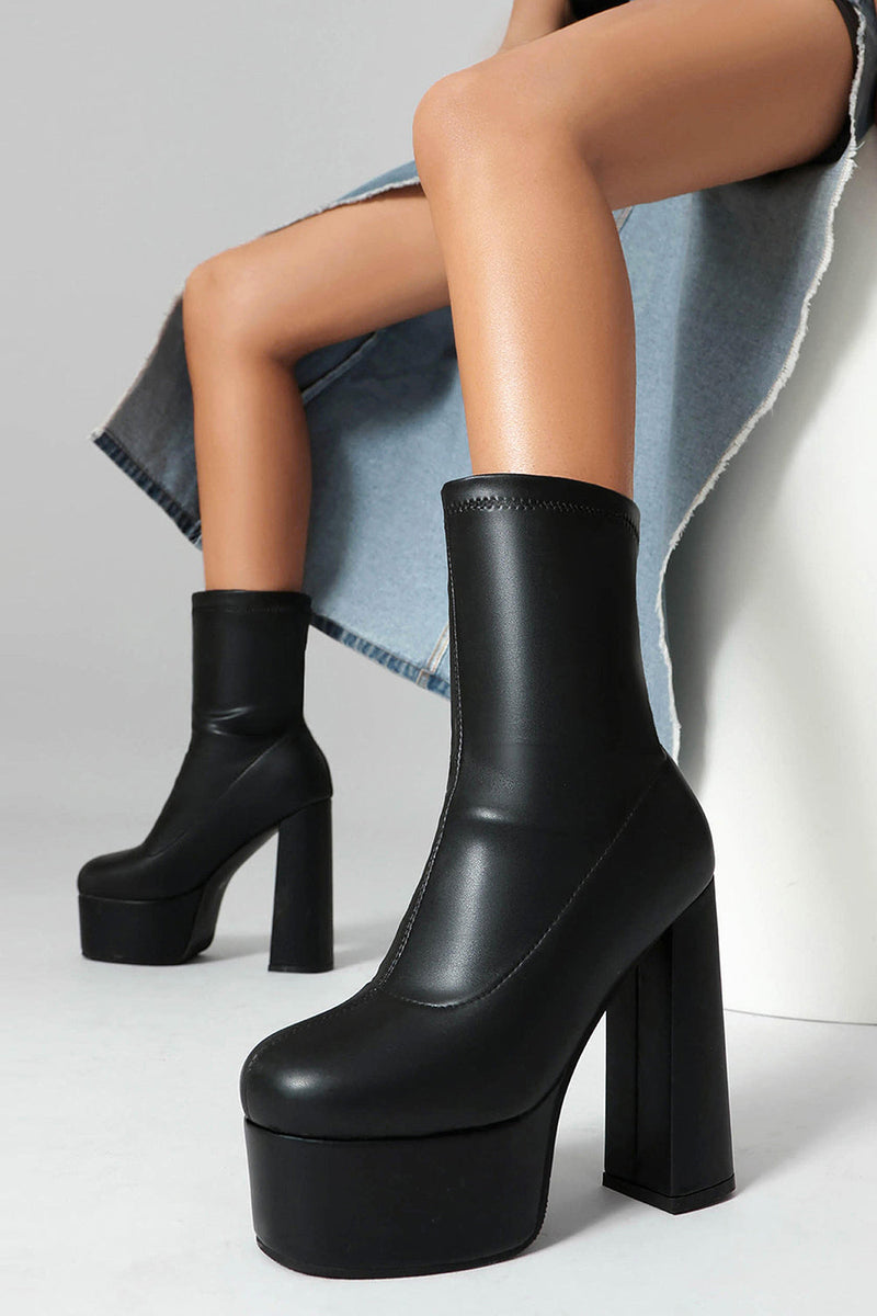 Laden Sie das Bild in den Galerie-Viewer, Weiße Knöchelhohe Go-Go Stiefel mit Runde Zehen und Plateau-Blockabsatz