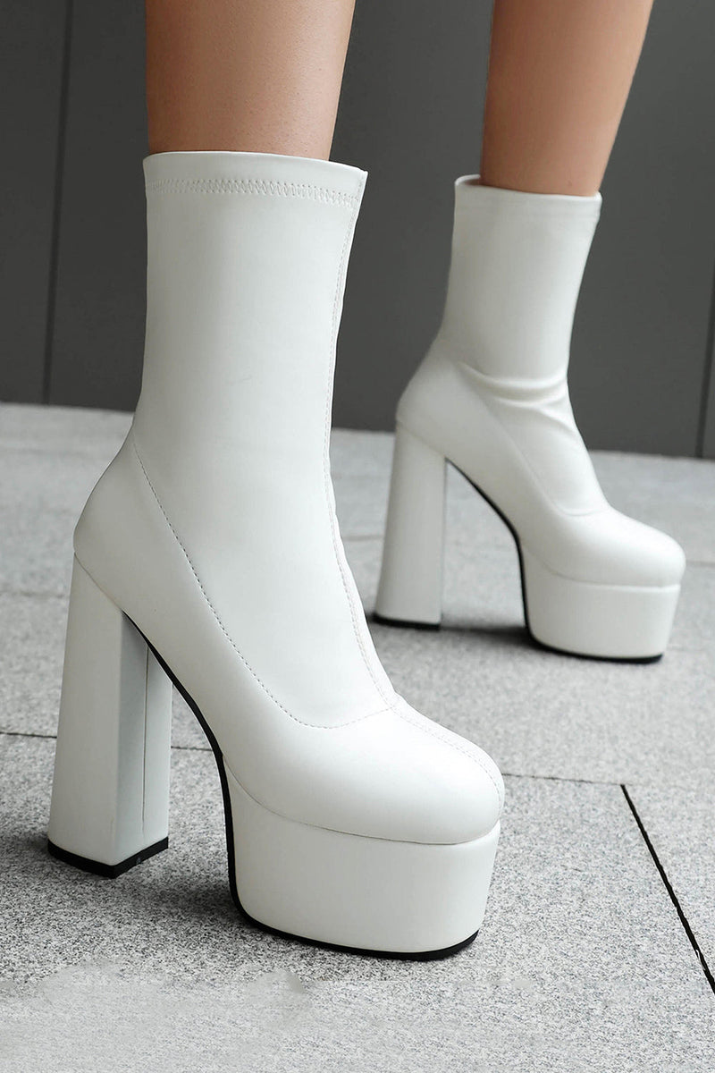Laden Sie das Bild in den Galerie-Viewer, Weiße Knöchelhohe Go-Go Stiefel mit Runde Zehen und Plateau-Blockabsatz