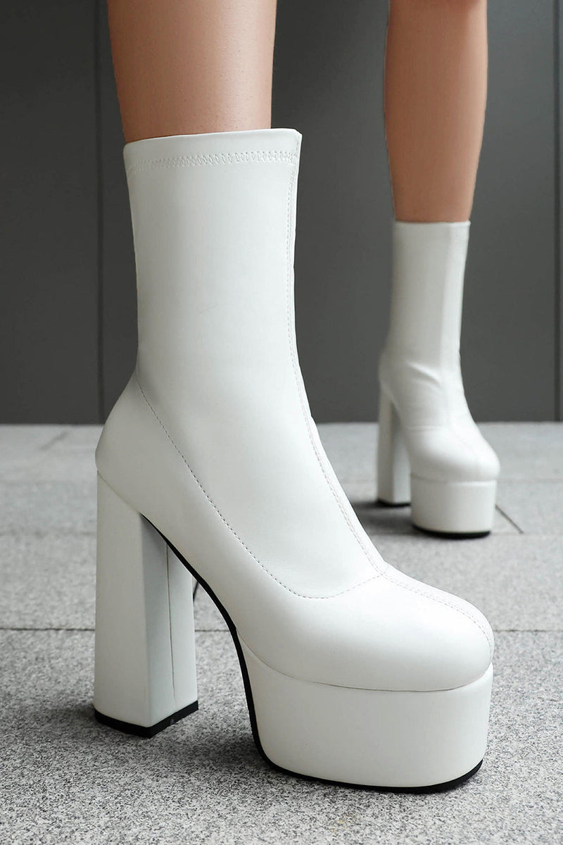 Laden Sie das Bild in den Galerie-Viewer, Weiße Knöchelhohe Go-Go Stiefel mit Runde Zehen und Plateau-Blockabsatz