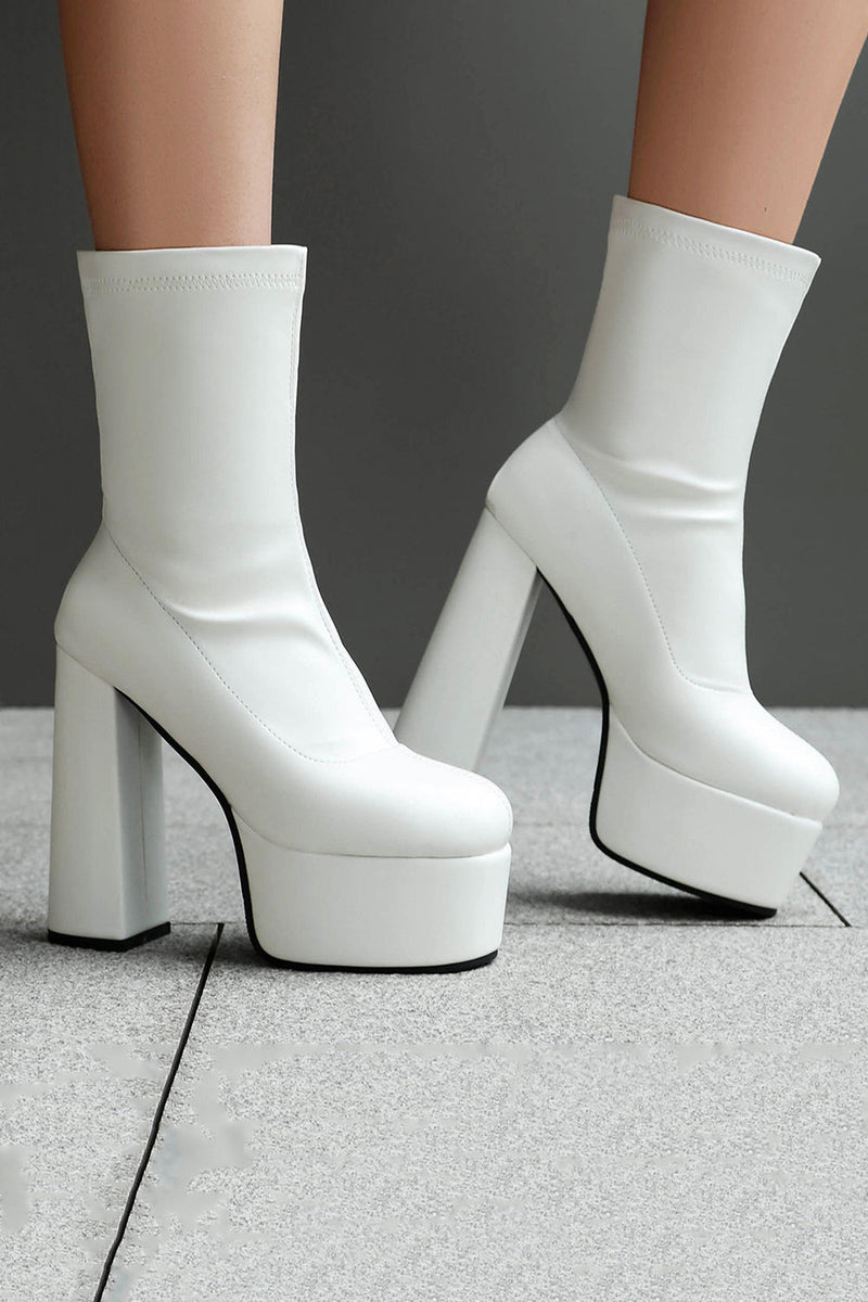 Laden Sie das Bild in den Galerie-Viewer, Weiße Knöchelhohe Go-Go Stiefel mit Runde Zehen und Plateau-Blockabsatz