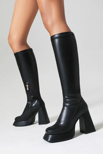 Weiße Kniehohe Go-Go Stiefel mit Quadratischer Zehe und Plateau-Blockabsatz