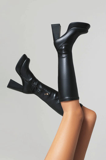 Weiße Kniehohe Go-Go Stiefel mit Quadratischer Zehe und Plateau-Blockabsatz