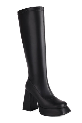 Weiße Kniehohe Go-Go Stiefel mit Quadratischer Zehe und Plateau-Blockabsatz