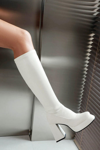 Weiße Kniehohe Go-Go Stiefel mit Quadratischer Zehe und Plateau-Blockabsatz