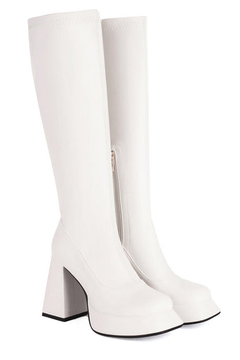 Weiße Kniehohe Go-Go Stiefel mit Quadratischer Zehe und Plateau-Blockabsatz