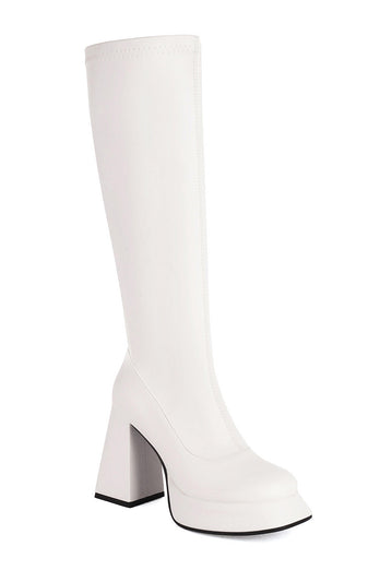 Weiße Kniehohe Go-Go Stiefel mit Quadratischer Zehe und Plateau-Blockabsatz