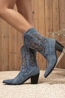 Laden Sie das Bild in den Galerie-Viewer, Dunkelblaue Bestickte Breite Schaft Western Cowgirl Stiefel mit Blockabsatz
