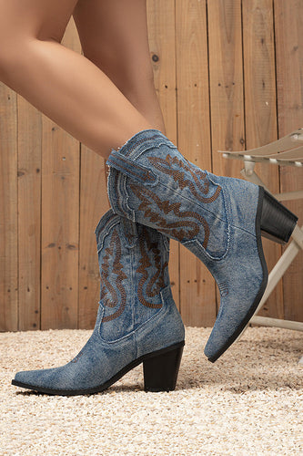 Dunkelblaue Bestickte Breite Schaft Western Cowgirl Stiefel mit Blockabsatz