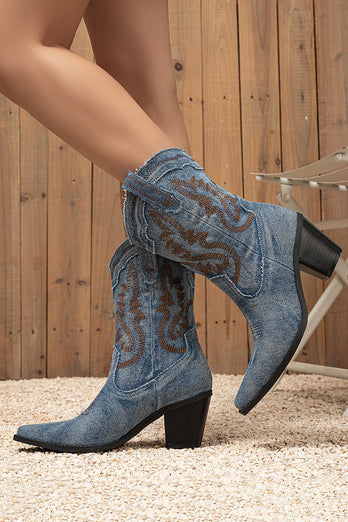 Dunkelblaue Bestickte Breite Schaft Western Cowgirl Stiefel mit Blockabsatz