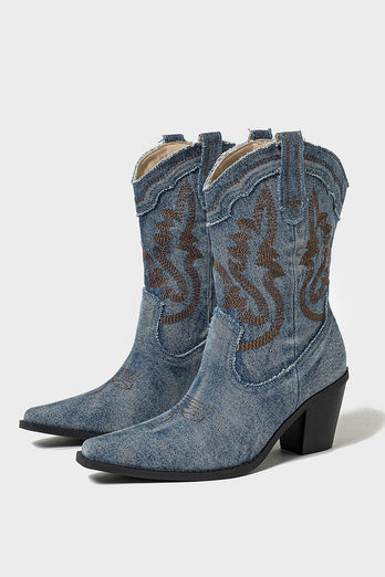 Dunkelblaue Bestickte Breite Schaft Western Cowgirl Stiefel mit Blockabsatz